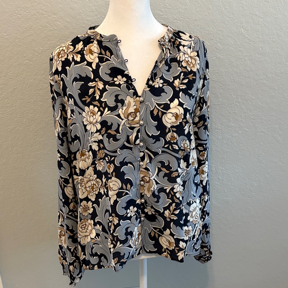 Ann Taylor Black and Cream Floral Blouse